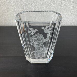 Hadeland Norway Crystal Glass Etched Vase // Girl With Birds // 6" Tall Signed